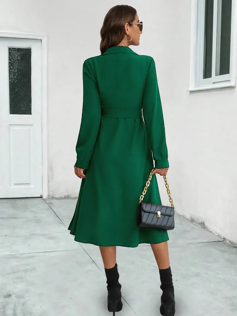 2024 New V-Neck Solid Full Lantern Sleeve High Waist A-line Midi Dress - Skinny Summer Women Midi Dress Lace up