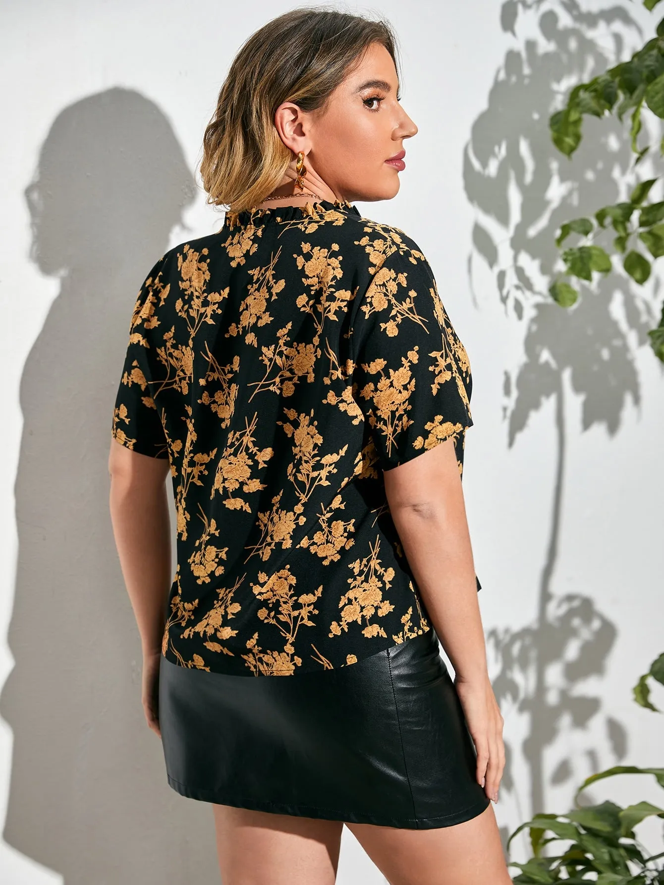 All Over Print Frill Short Sleeve Notched Regular Plus Size Blouse