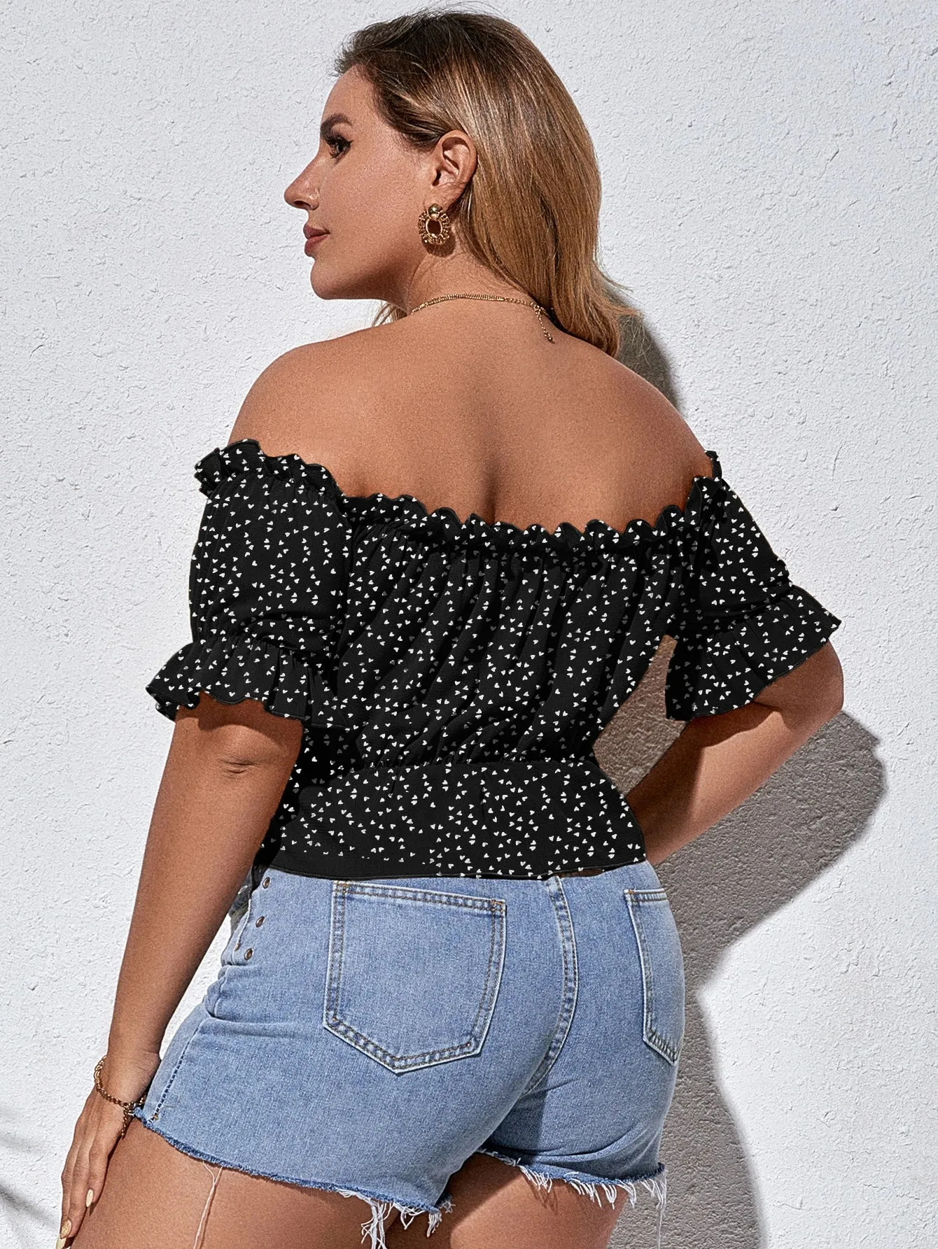 All Over Print Ruffle Hem Short Sleeve Off The Shoulder Flared Crop Plus Size Blouse