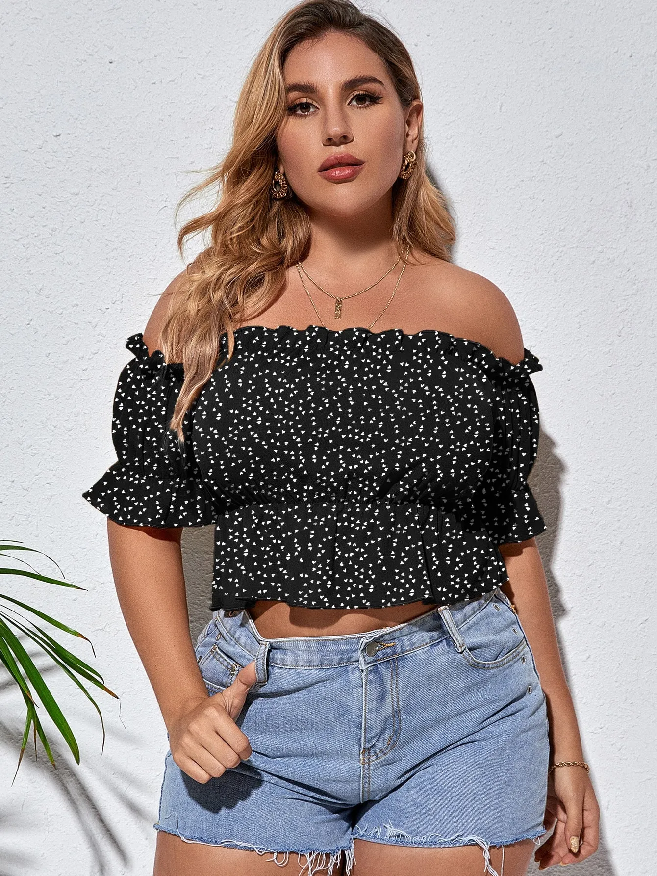All Over Print Ruffle Hem Short Sleeve Off The Shoulder Flared Crop Plus Size Blouse