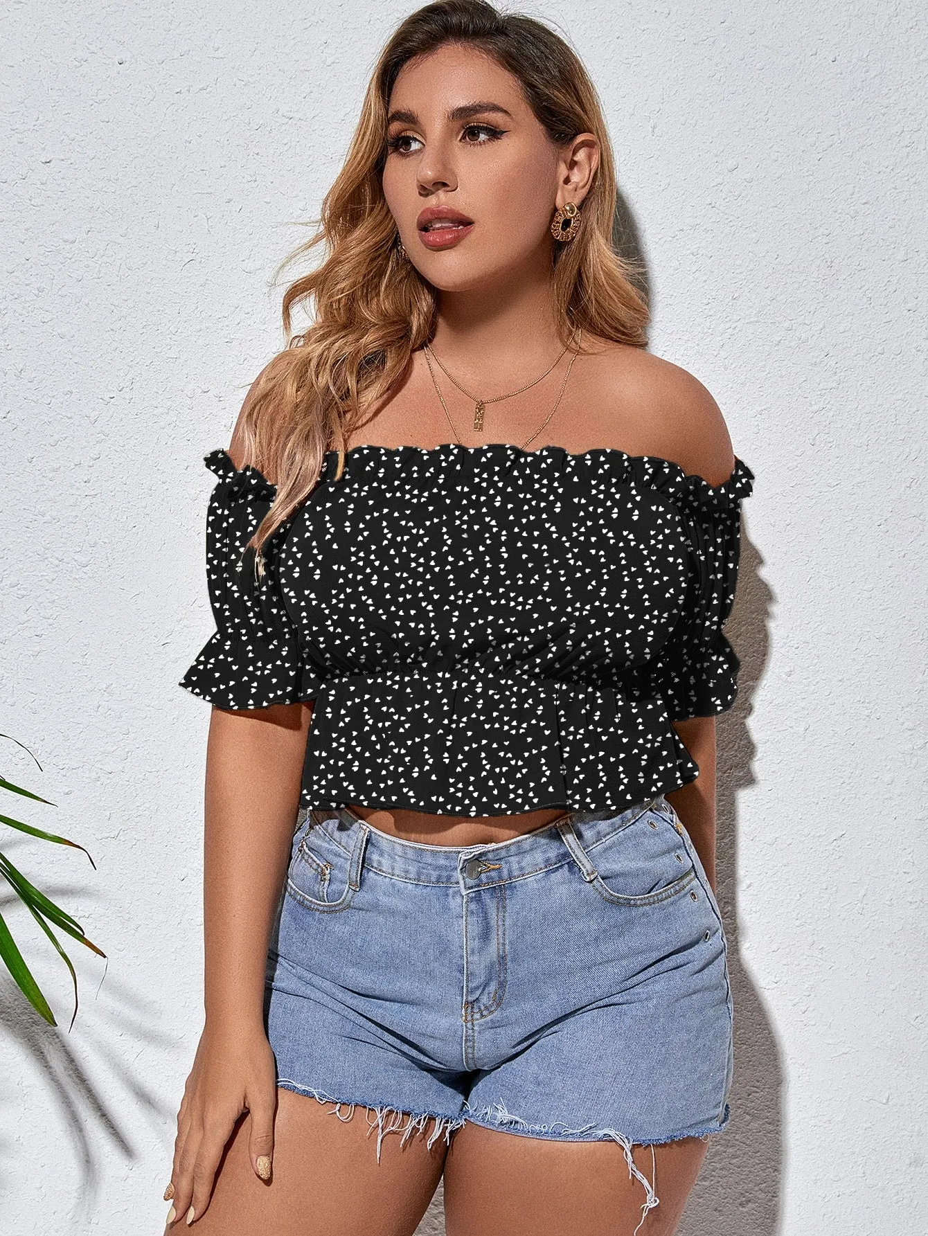 All Over Print Ruffle Hem Short Sleeve Off The Shoulder Flared Crop Plus Size Blouse