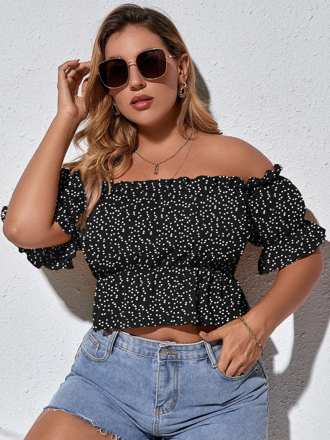 All Over Print Ruffle Hem Short Sleeve Off The Shoulder Flared Crop Plus Size Blouse