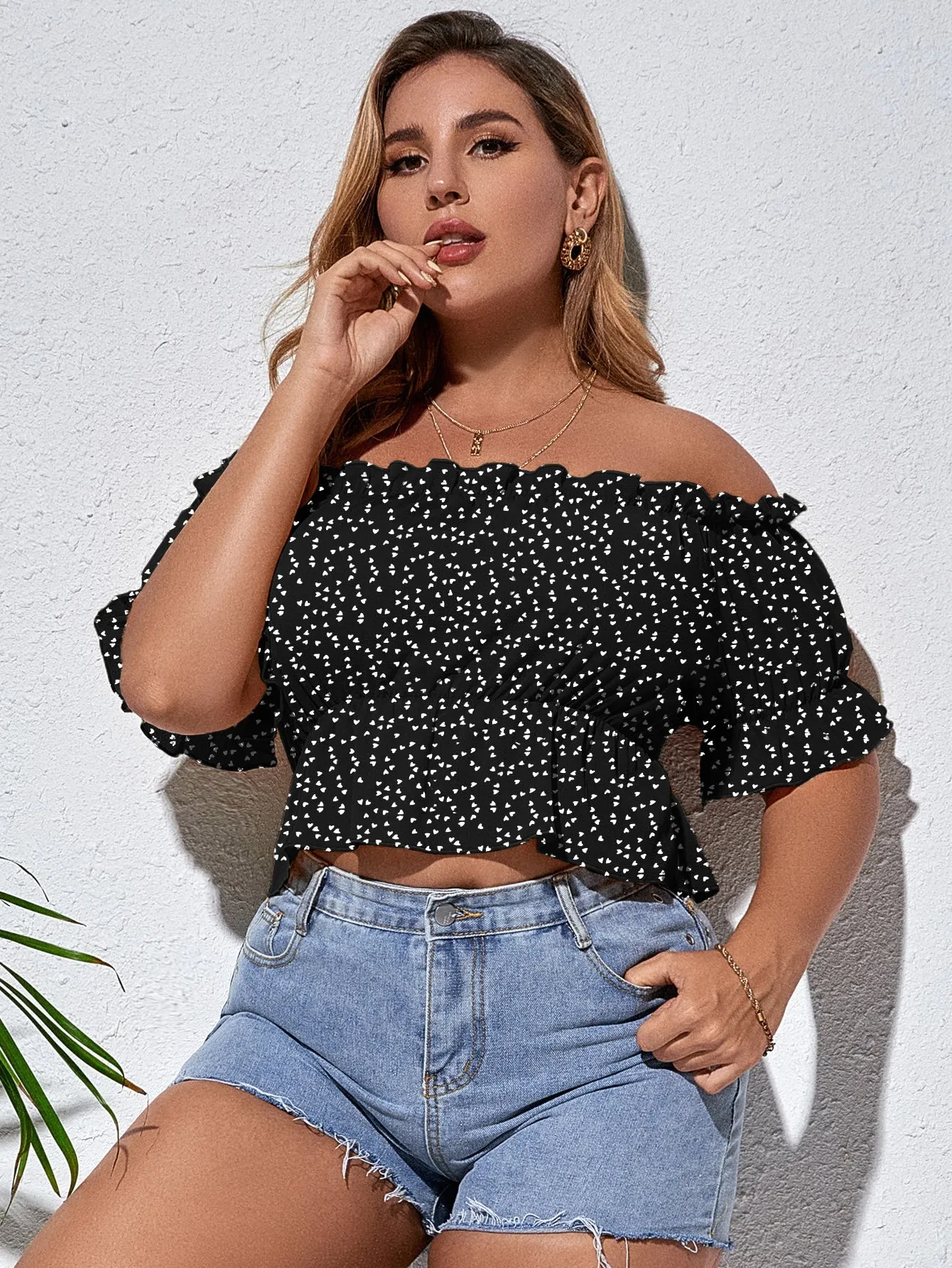 All Over Print Ruffle Hem Short Sleeve Off The Shoulder Flared Crop Plus Size Blouse