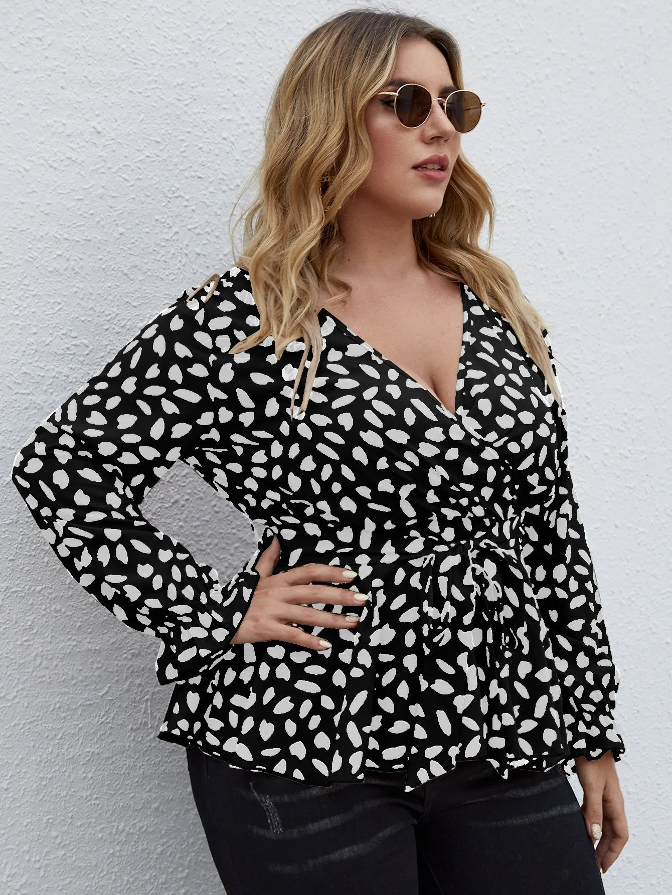 All Over Print Wrap Long Sleeve V Neck Long Plus Size Blouse