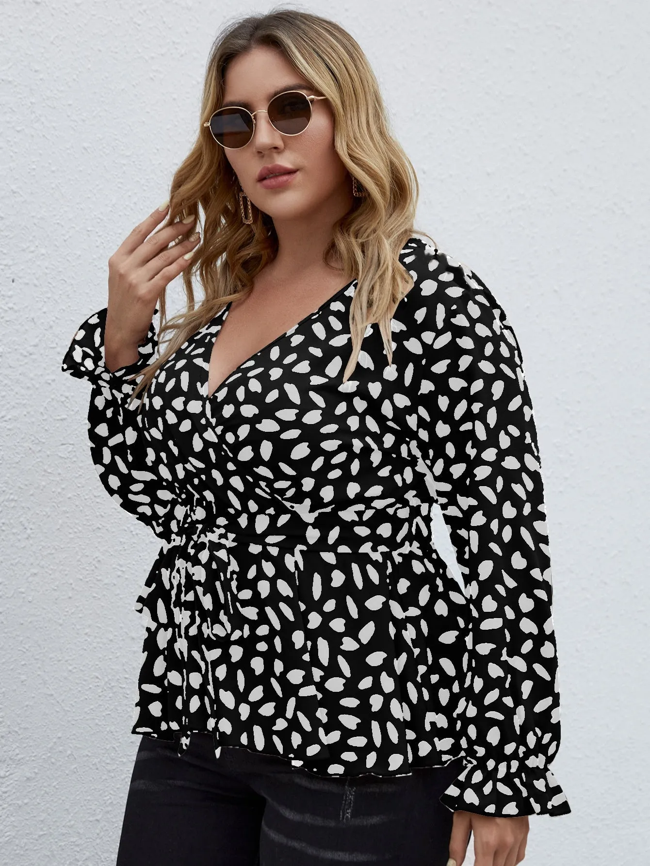 All Over Print Wrap Long Sleeve V Neck Long Plus Size Blouse