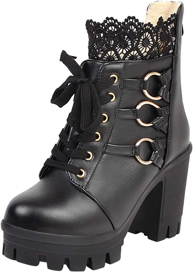 Ankle Boots for Women Lace Up Chunky High Heels Ankle Boots Lace Buckle Gothic Booties Zipper Punk Shoes