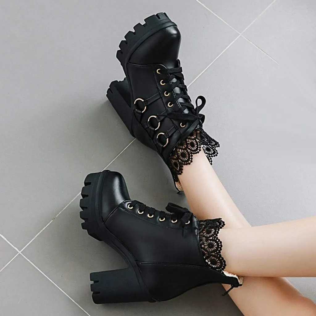 Ankle Boots for Women Lace Up Chunky High Heels Ankle Boots Lace Buckle Gothic Booties Zipper Punk Shoes