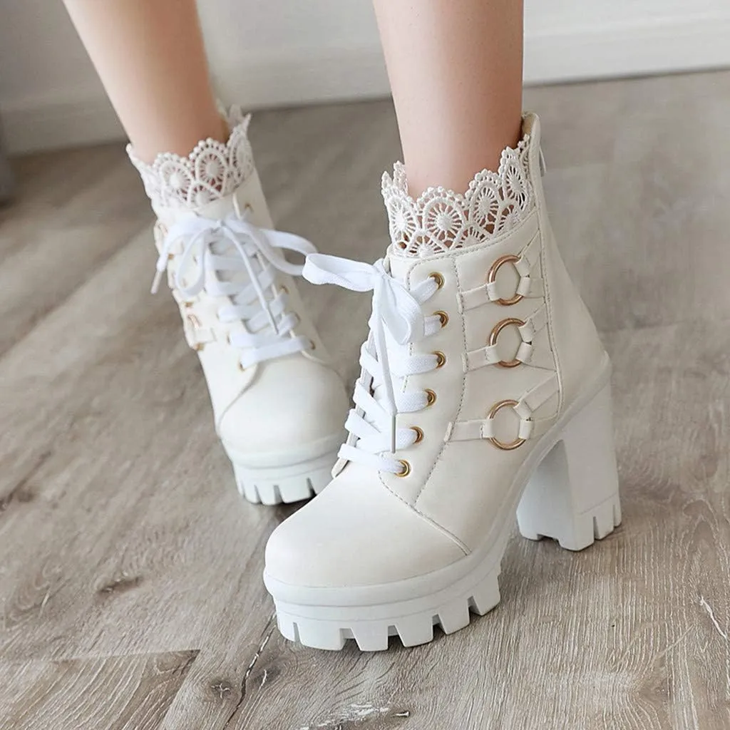 Ankle Boots for Women Lace Up Chunky High Heels Ankle Boots Lace Buckle Gothic Booties Zipper Punk Shoes