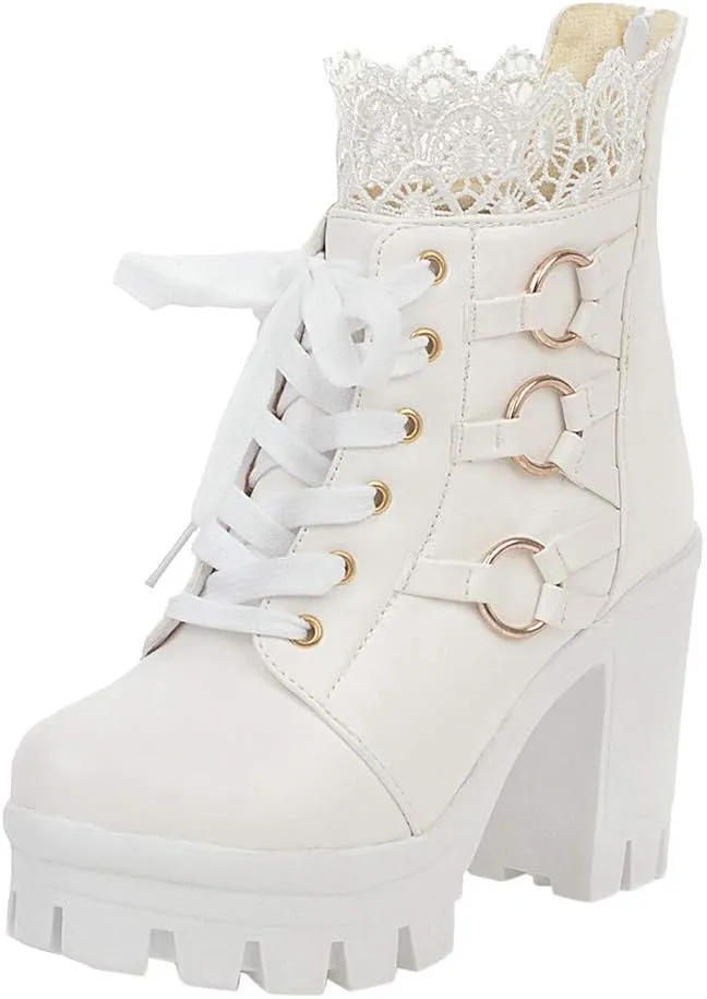 Ankle Boots for Women Lace Up Chunky High Heels Ankle Boots Lace Buckle Gothic Booties Zipper Punk Shoes