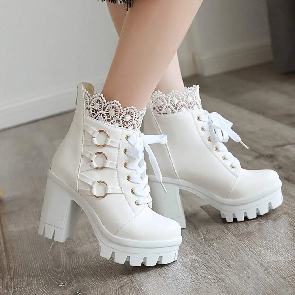 Ankle Boots for Women Lace Up Chunky High Heels Ankle Boots Lace Buckle Gothic Booties Zipper Punk Shoes