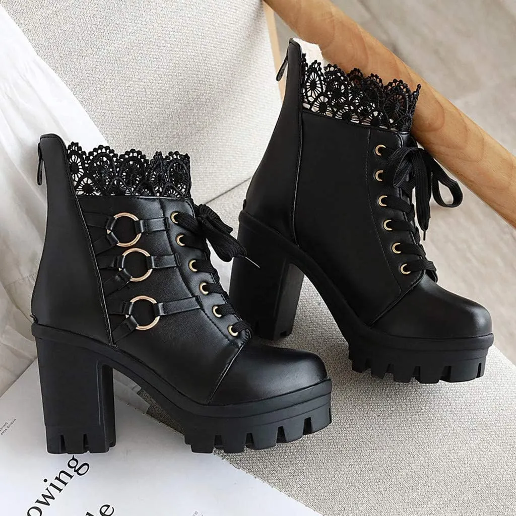 Ankle Boots for Women Lace Up Chunky High Heels Ankle Boots Lace Buckle Gothic Booties Zipper Punk Shoes