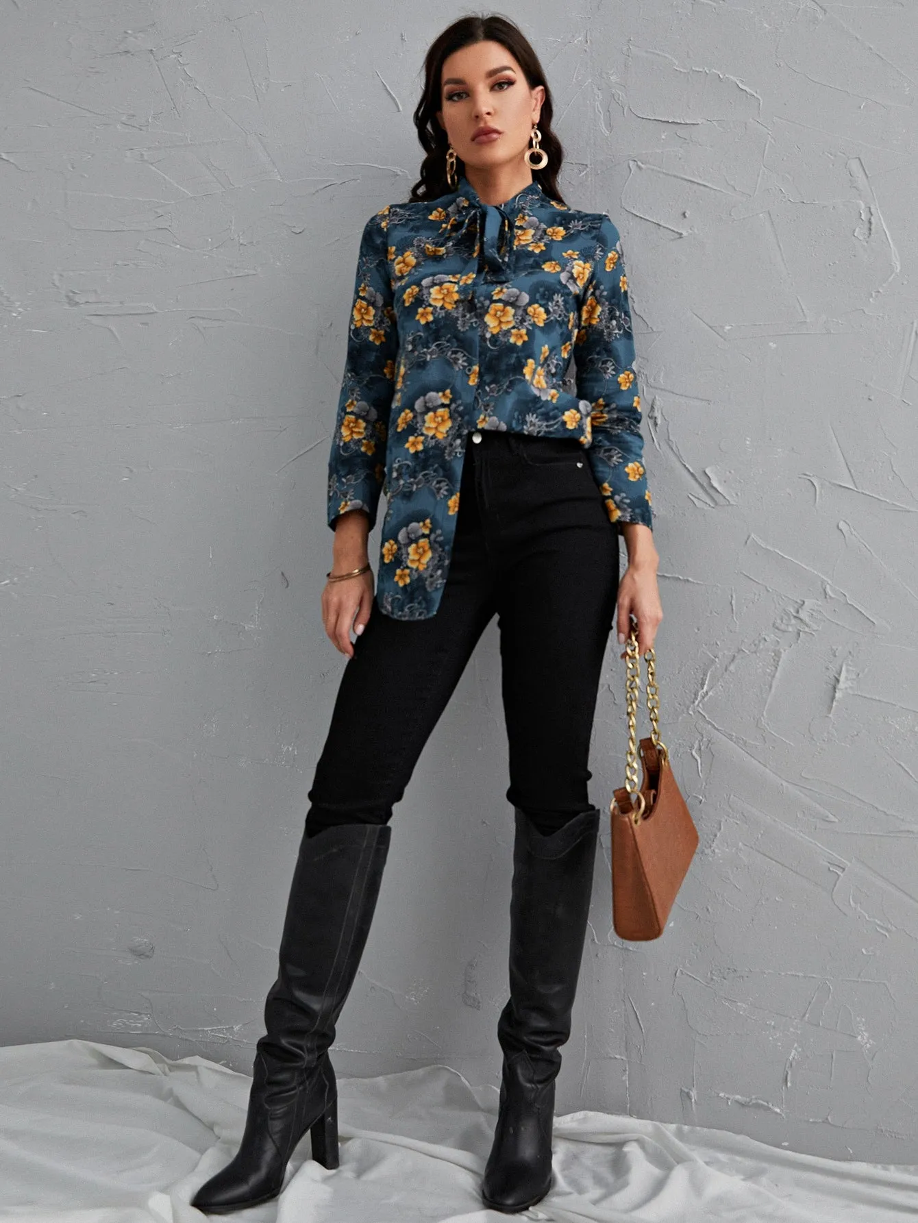 Boho Floral Button Front Long Sleeve Tie Neck Long Blouse