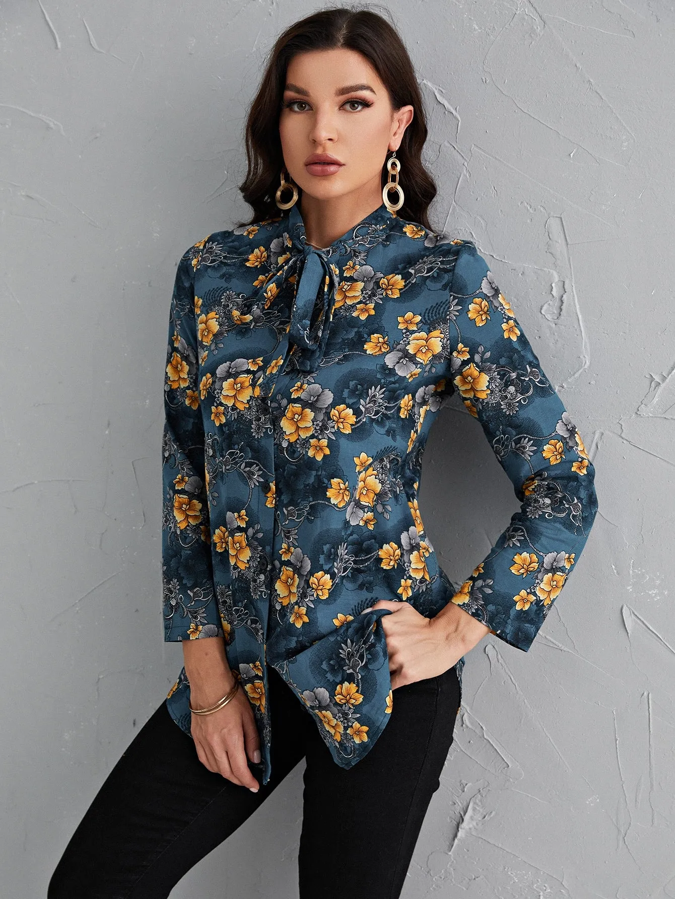 Boho Floral Button Front Long Sleeve Tie Neck Long Blouse