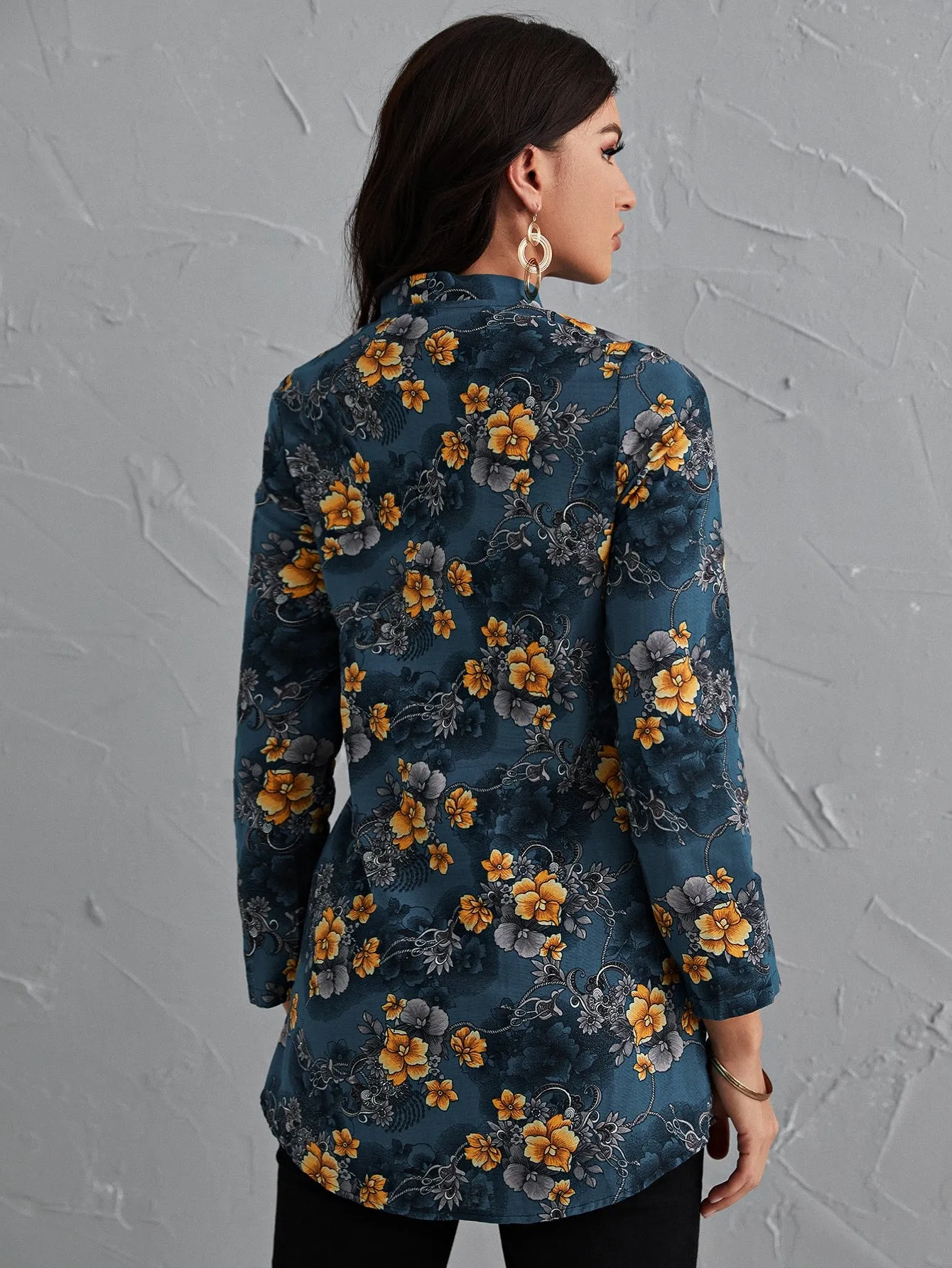 Boho Floral Button Front Long Sleeve Tie Neck Long Blouse