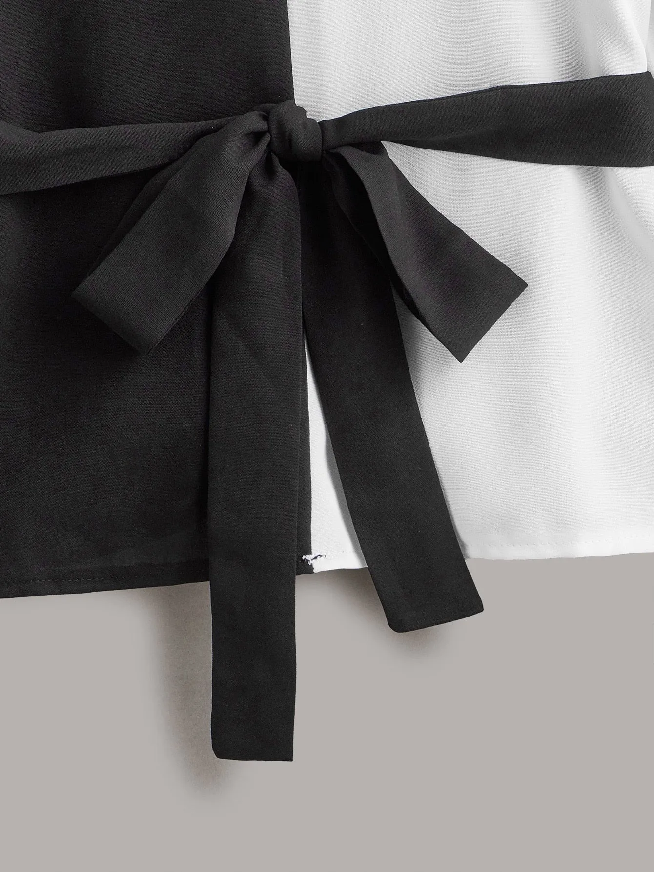 Casual Colorblock Belted Long Sleeve V Neck Regular Blouse