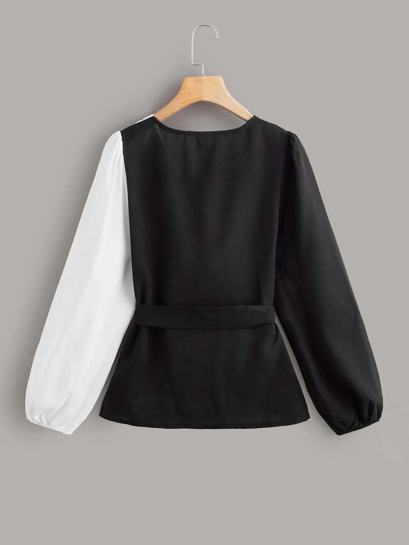Casual Colorblock Belted Long Sleeve V Neck Regular Blouse