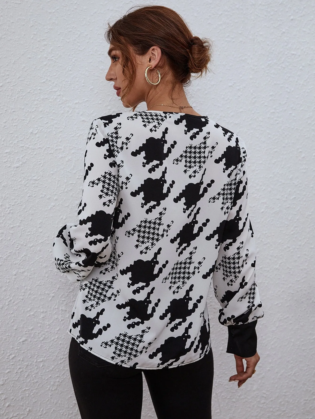Casual Houndstooth Button Front Long Sleeve V Neck Regular Blouse
