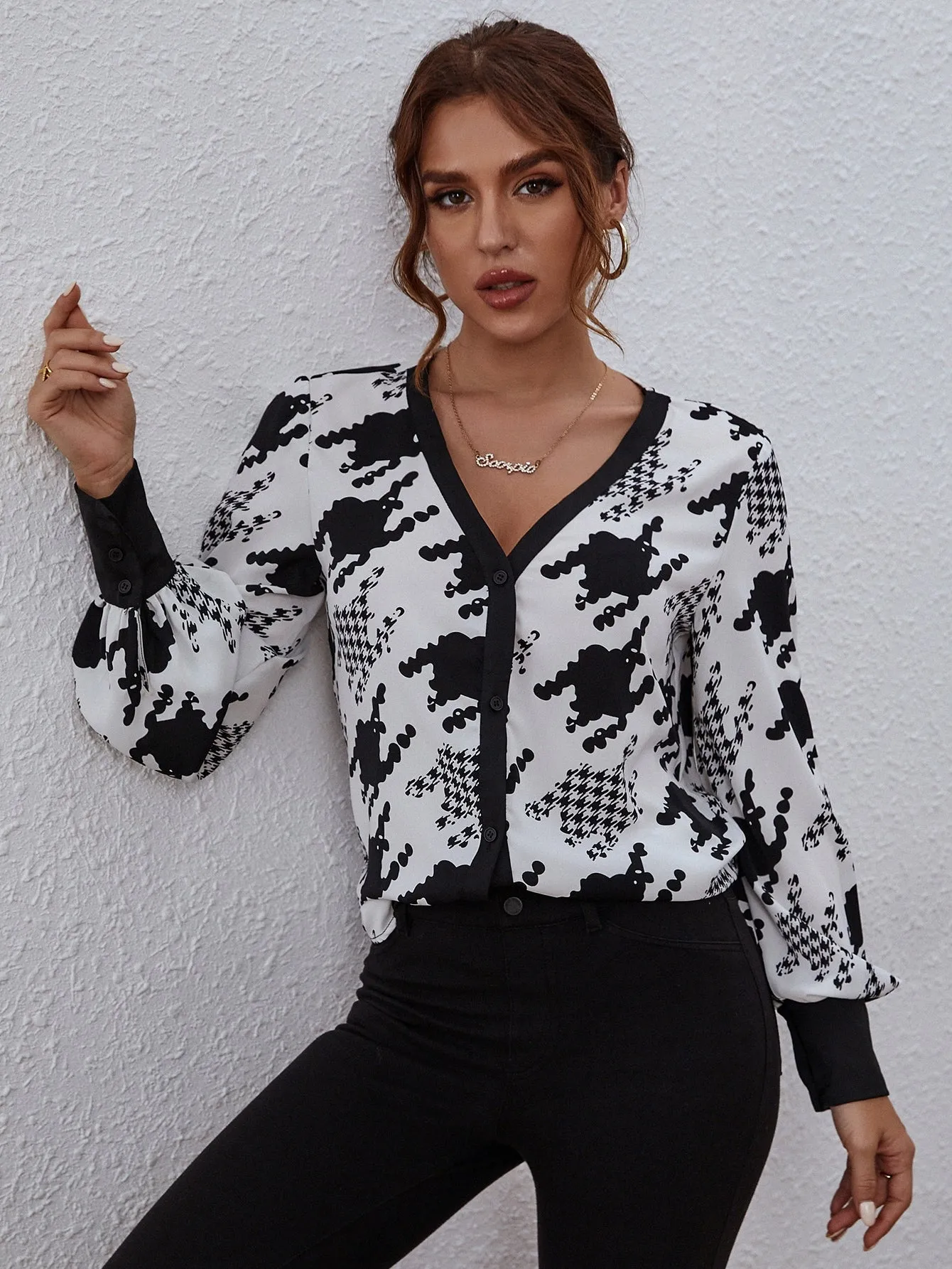Casual Houndstooth Button Front Long Sleeve V Neck Regular Blouse