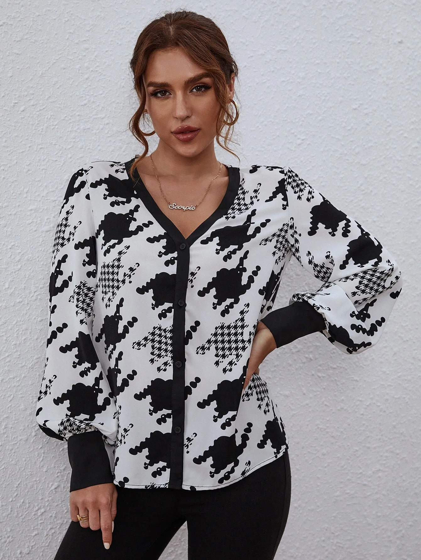 Casual Houndstooth Button Front Long Sleeve V Neck Regular Blouse
