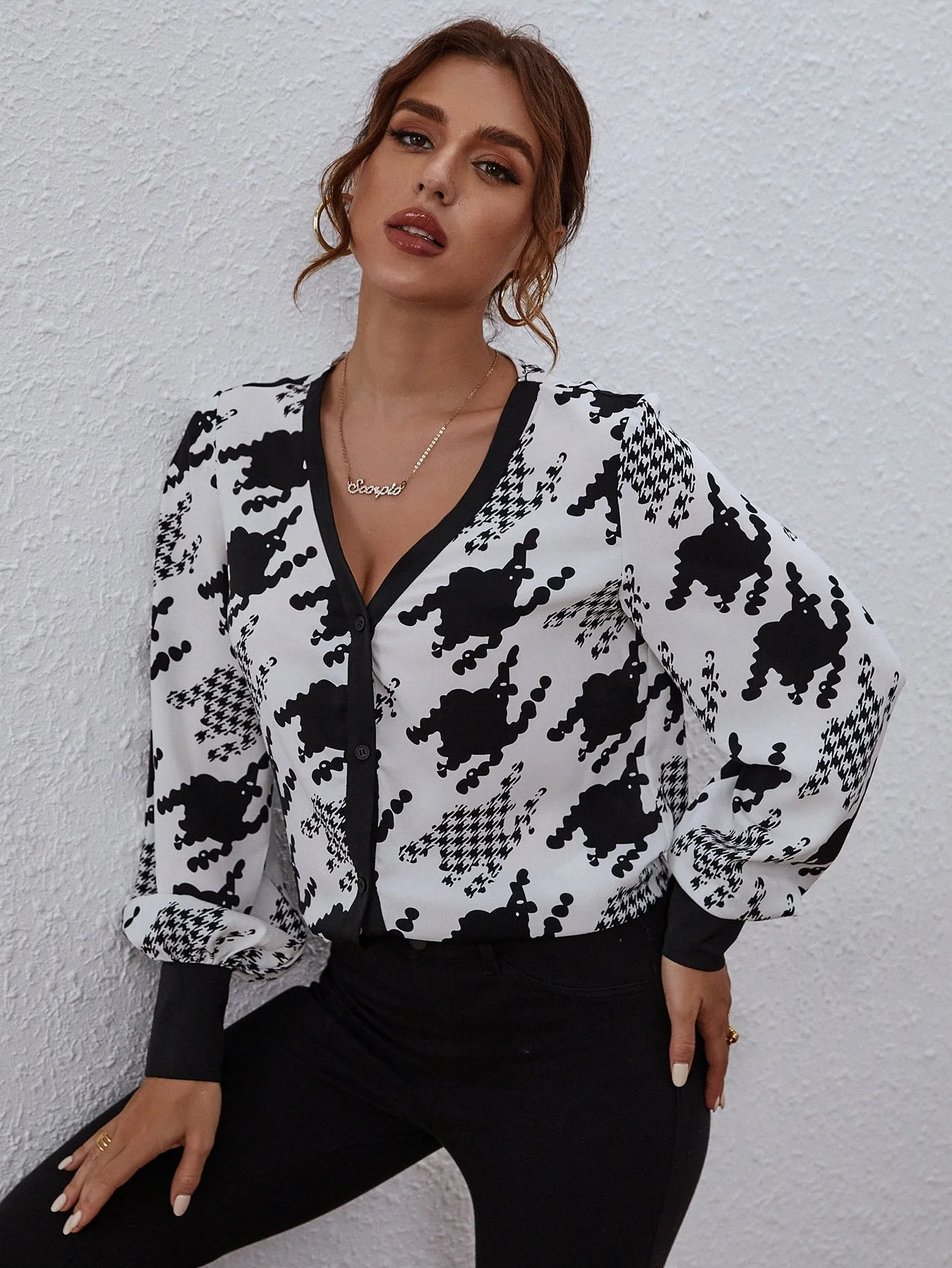 Casual Houndstooth Button Front Long Sleeve V Neck Regular Blouse