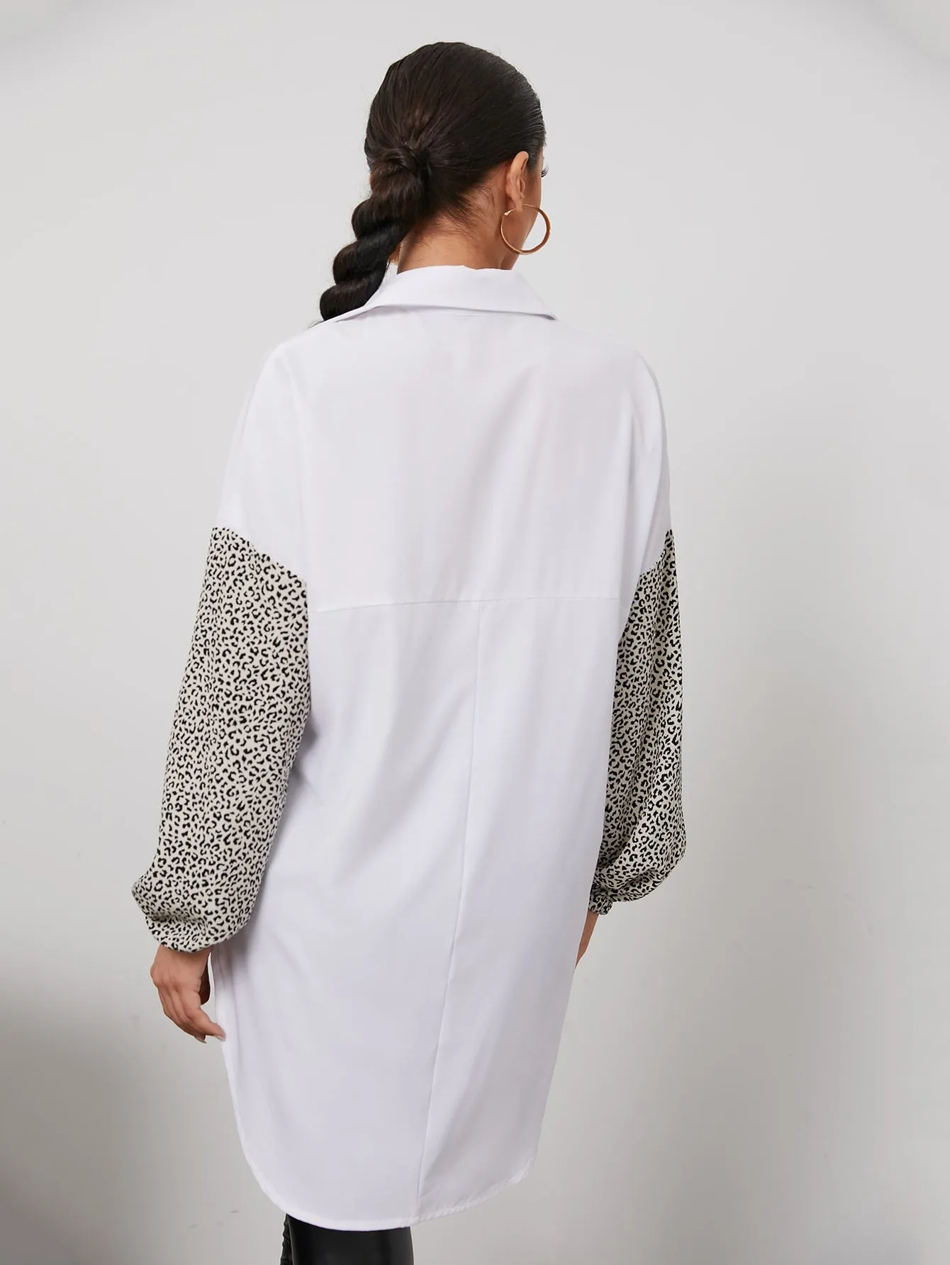 Casual Leopard Button Front Long Sleeve Collar Long Blouse