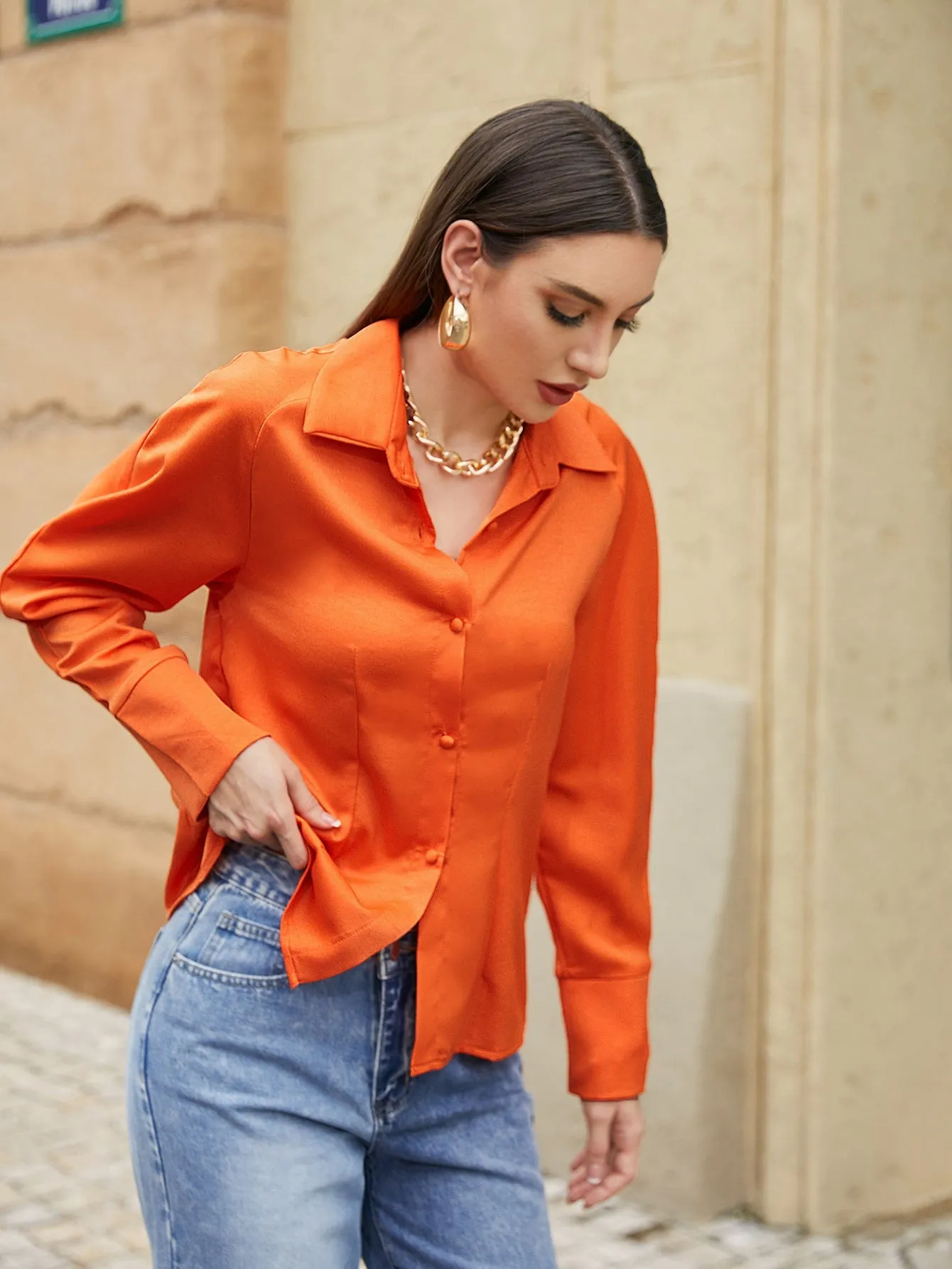 Casual Plain Button Front Long Sleeve Collar Regular Blouse