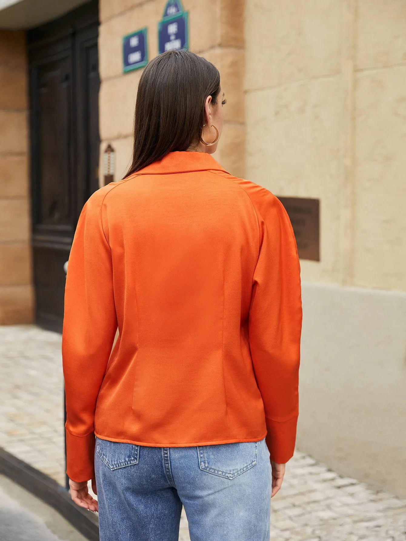 Casual Plain Button Front Long Sleeve Collar Regular Blouse