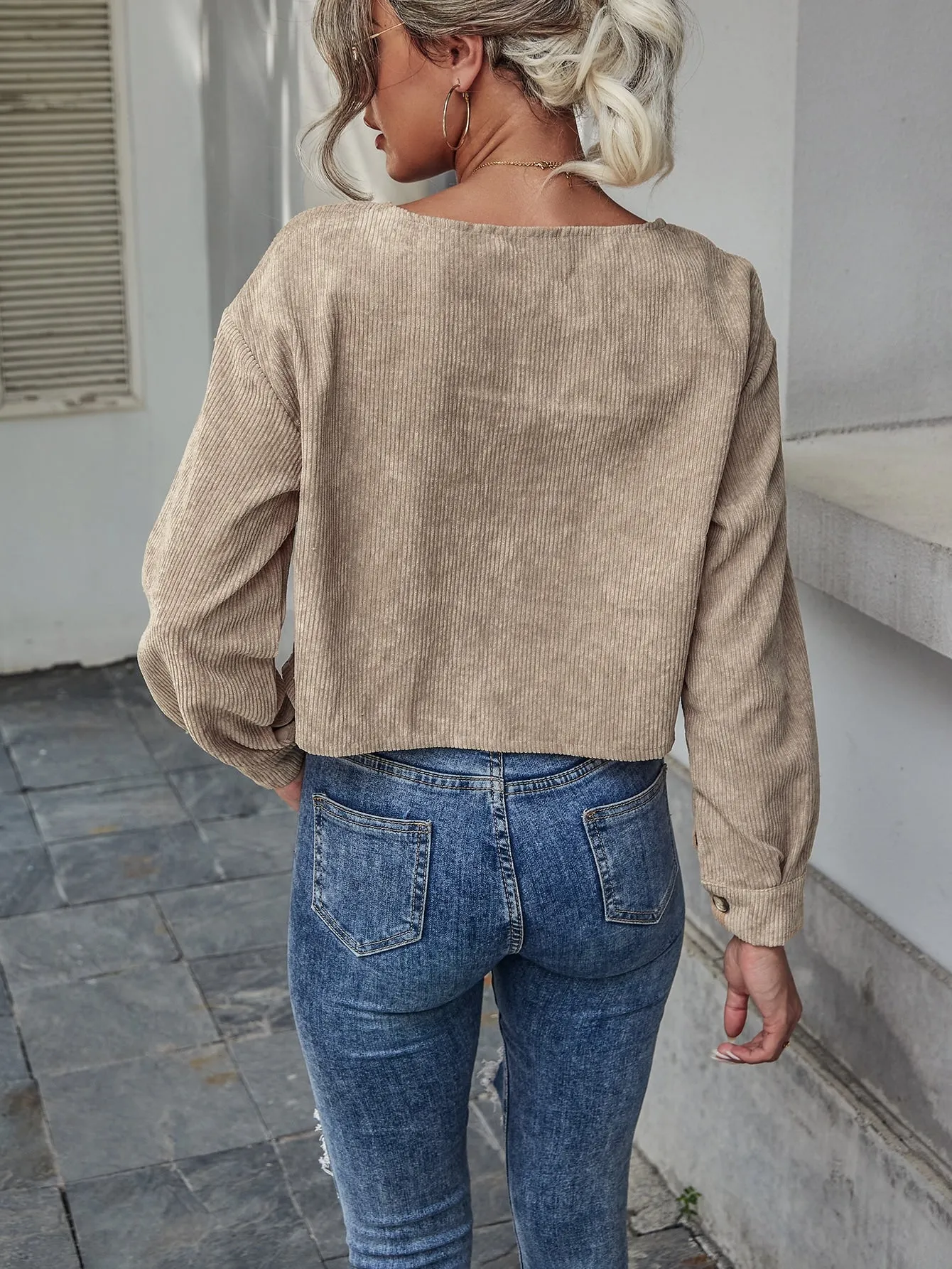 Casual Plain Long Sleeve Round Neck Regular Blouse
