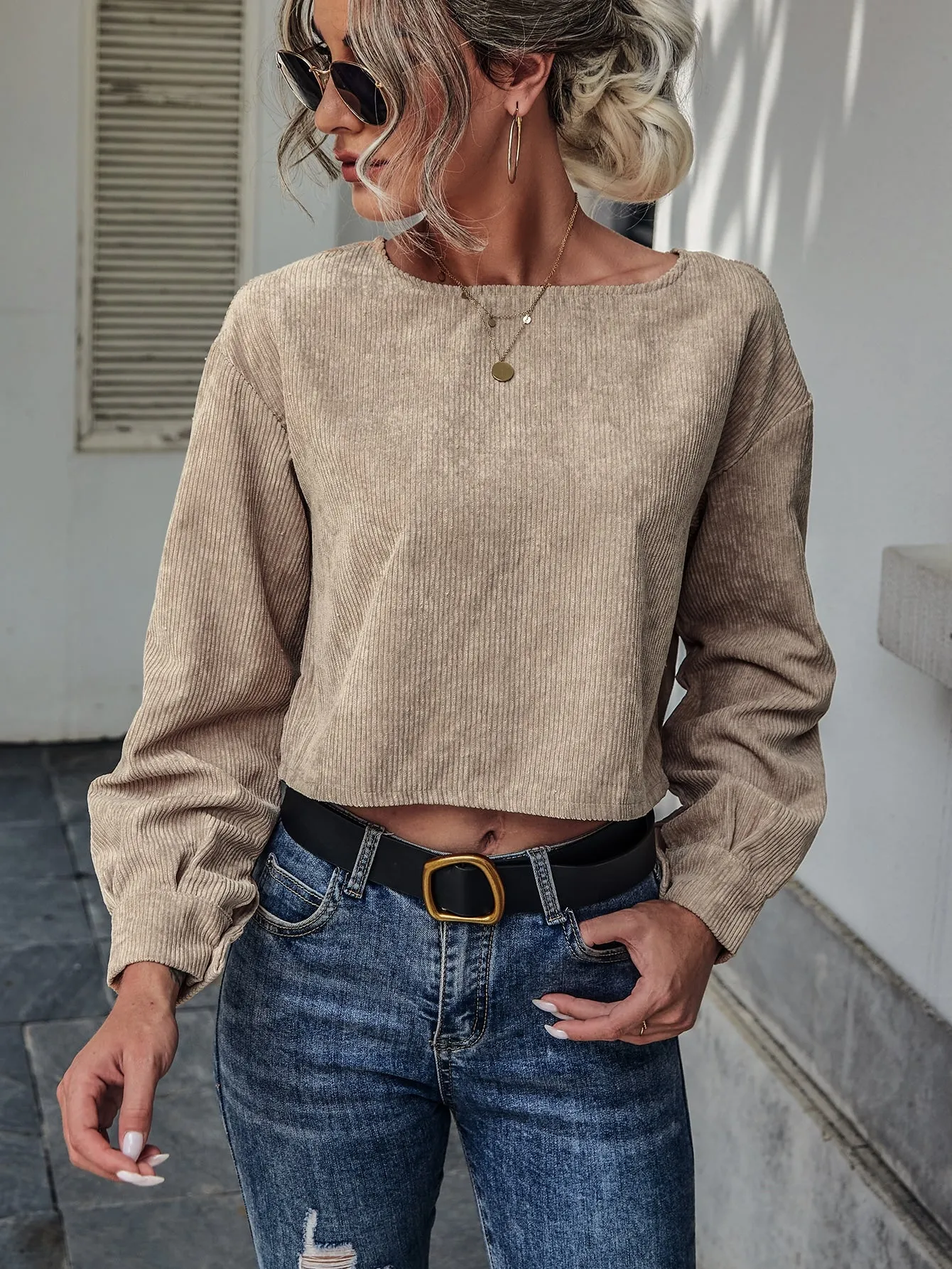 Casual Plain Long Sleeve Round Neck Regular Blouse