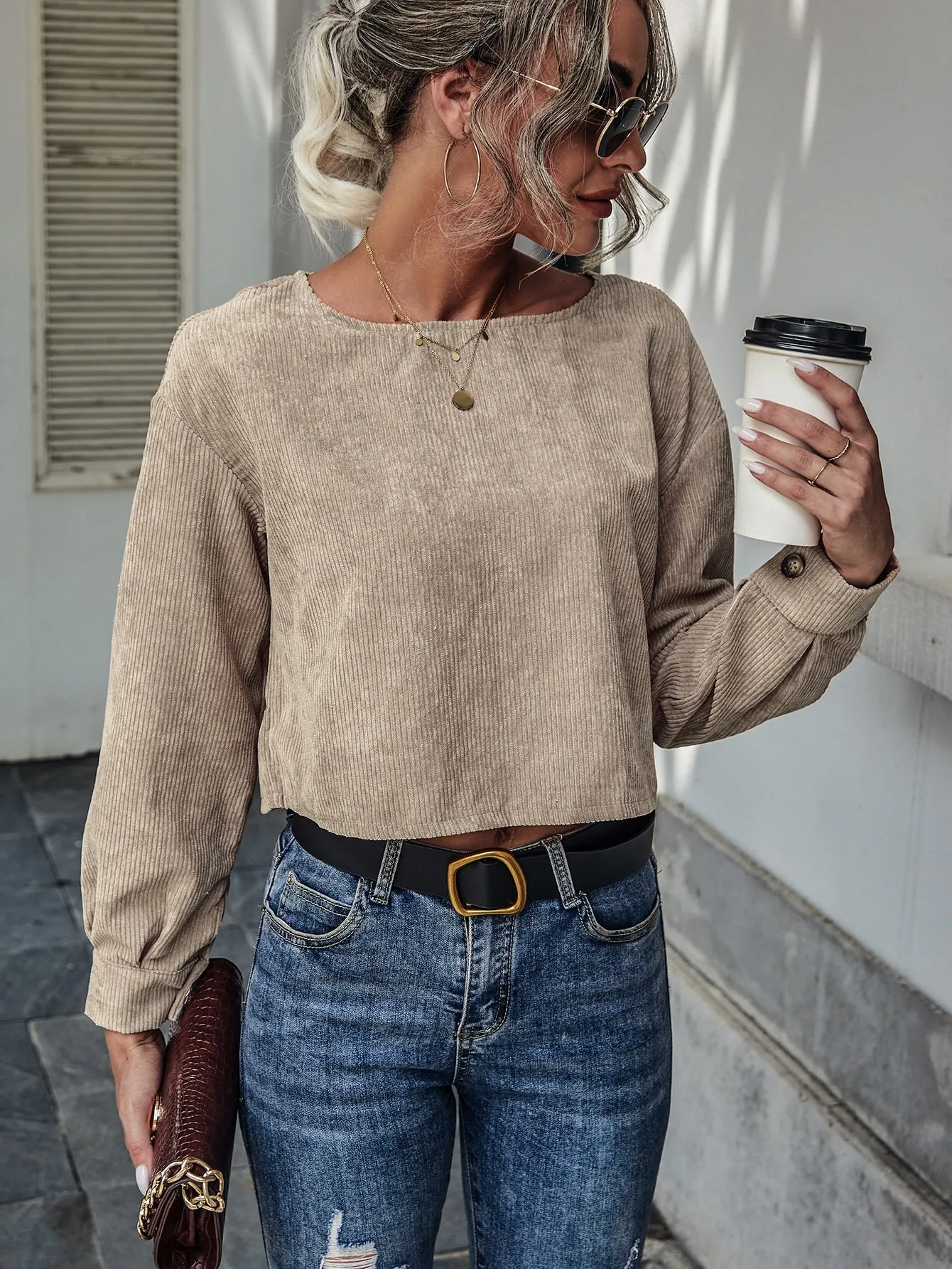 Casual Plain Long Sleeve Round Neck Regular Blouse