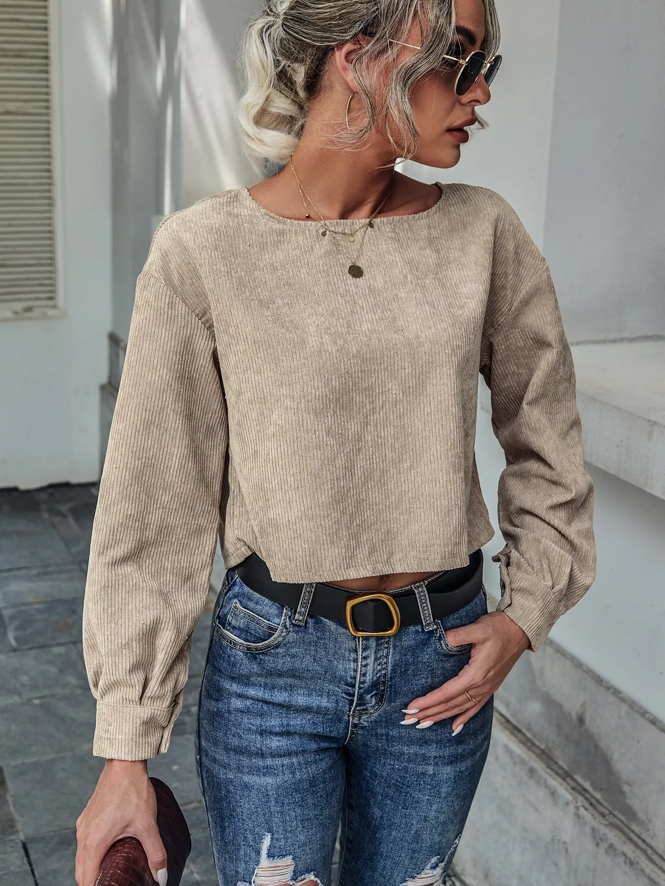 Casual Plain Long Sleeve Round Neck Regular Blouse