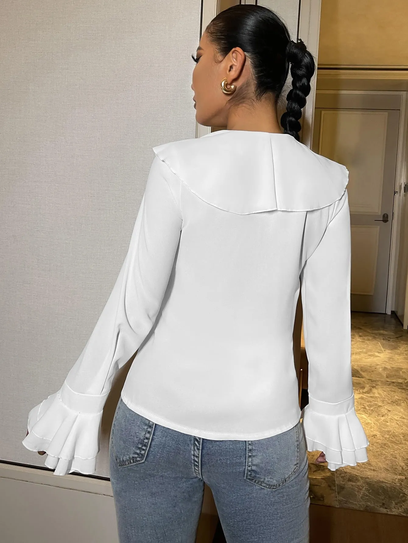 Casual Plain Tie Front Long Sleeve Peter Pan Collar Regular Blouse