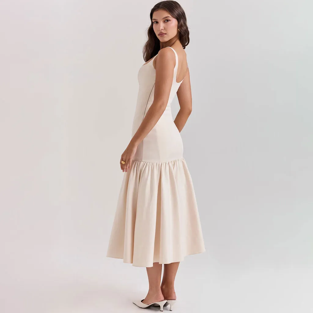 Classy Square Neck Suspender Strap Drop Waist Ruffle Midi Sundress