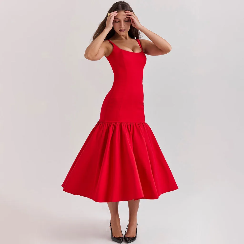 Classy Square Neck Suspender Strap Drop Waist Ruffle Midi Sundress