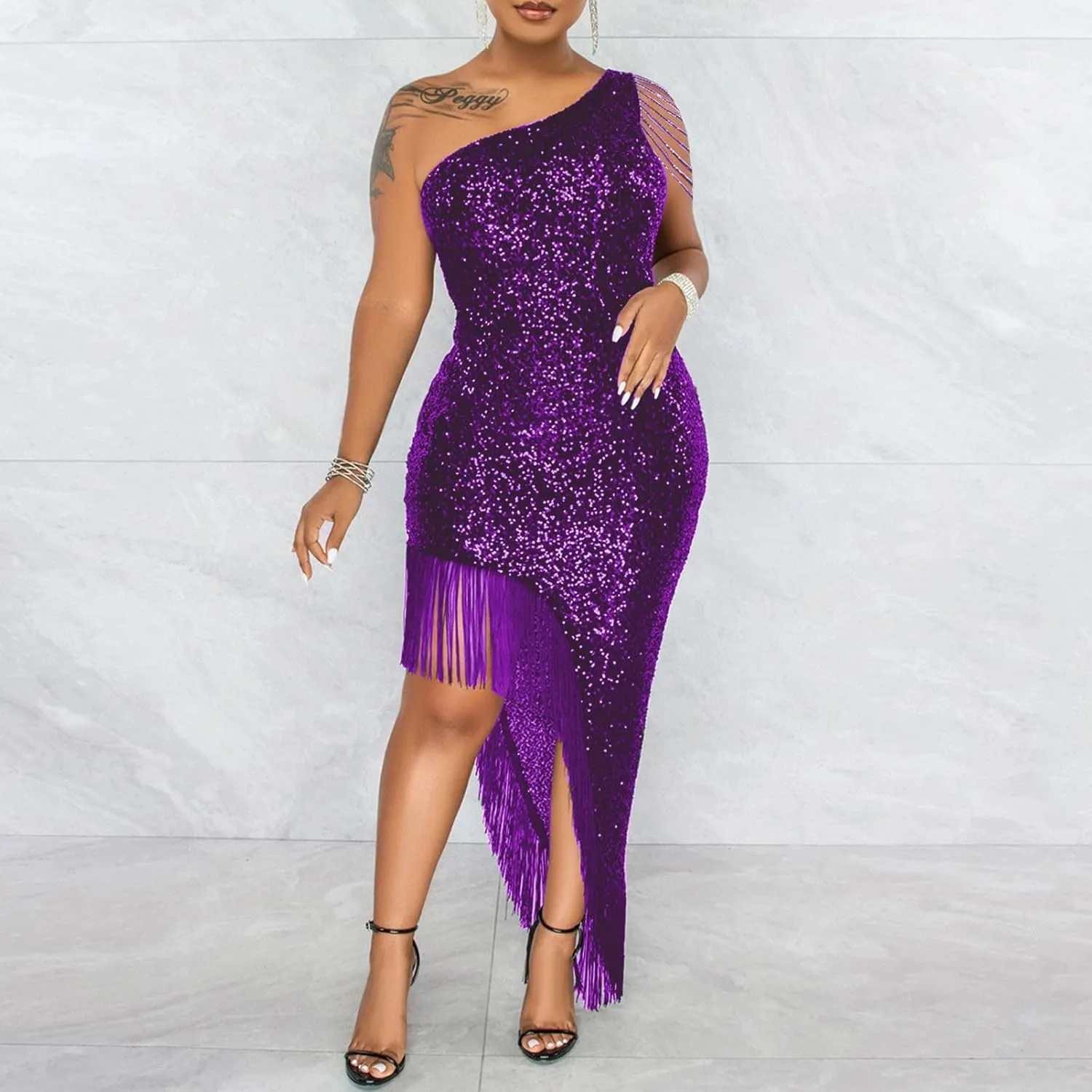 Cololura Women Sequin Elegant Sexy Tassels One Shoulder Mermaid Bodycon Cocktail Evening Midi Party Formal Dress