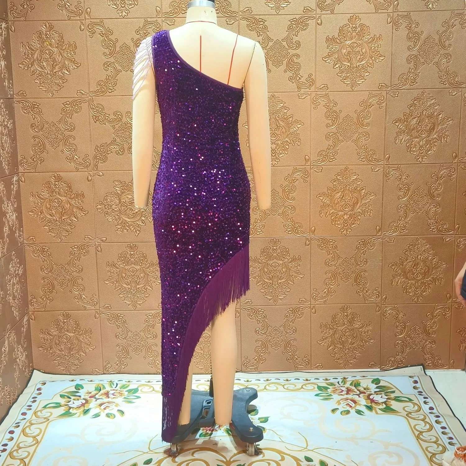 Cololura Women Sequin Elegant Sexy Tassels One Shoulder Mermaid Bodycon Cocktail Evening Midi Party Formal Dress