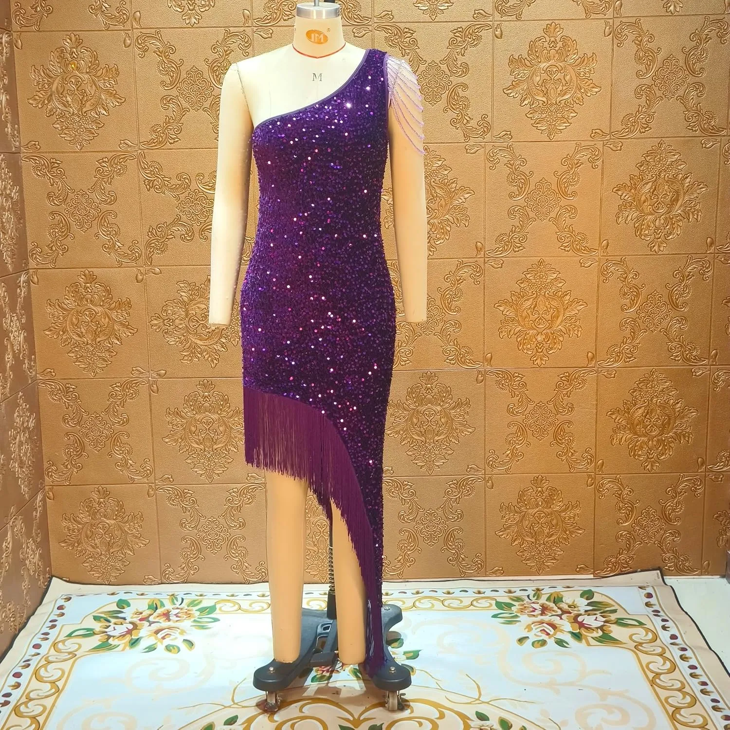 Cololura Women Sequin Elegant Sexy Tassels One Shoulder Mermaid Bodycon Cocktail Evening Midi Party Formal Dress