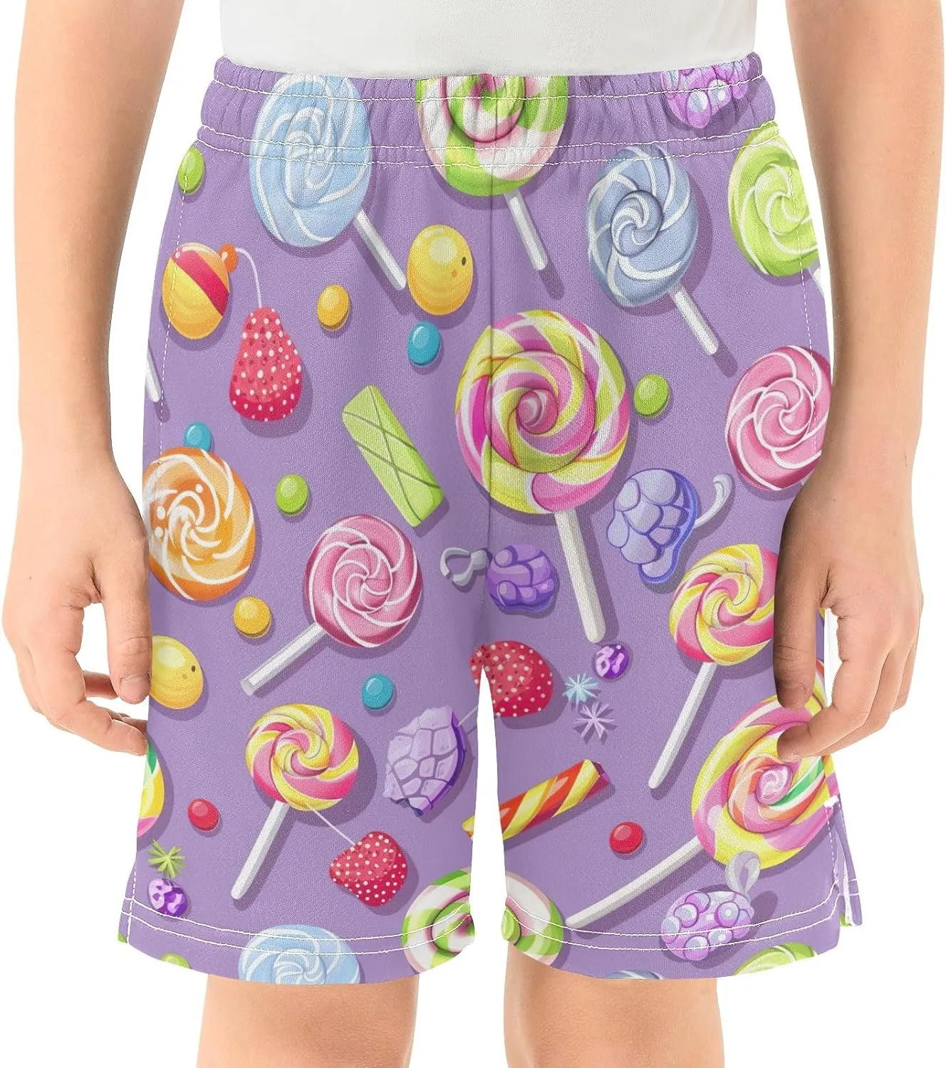 Colorful Candy and Lollipops Casual Shorts for Boys Soft Athletic Gym Shorts with Pockets Homewear 7-15Y