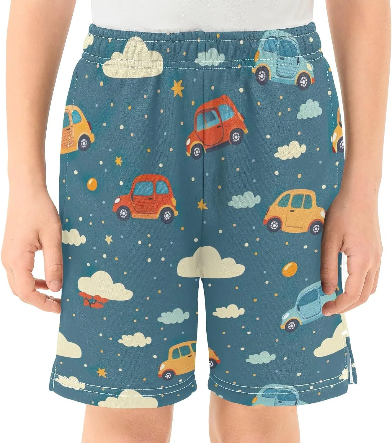 Colorful Cartoon Cars and Clouds Boys Shorts Athletic Lounge Shorts Elastic Waist with Pockets Homewear 7-15Y