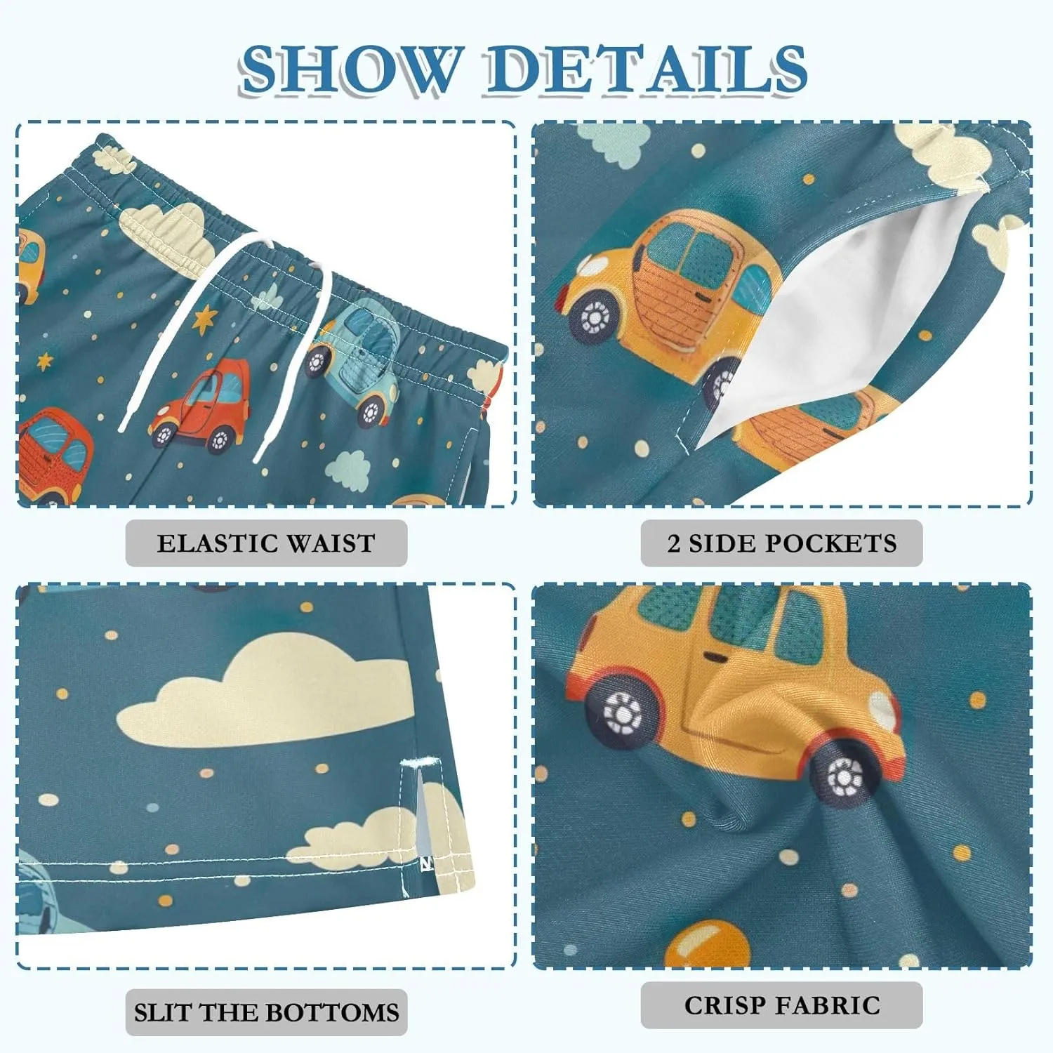 Colorful Cartoon Cars and Clouds Boys Shorts Athletic Lounge Shorts Elastic Waist with Pockets Homewear 7-15Y