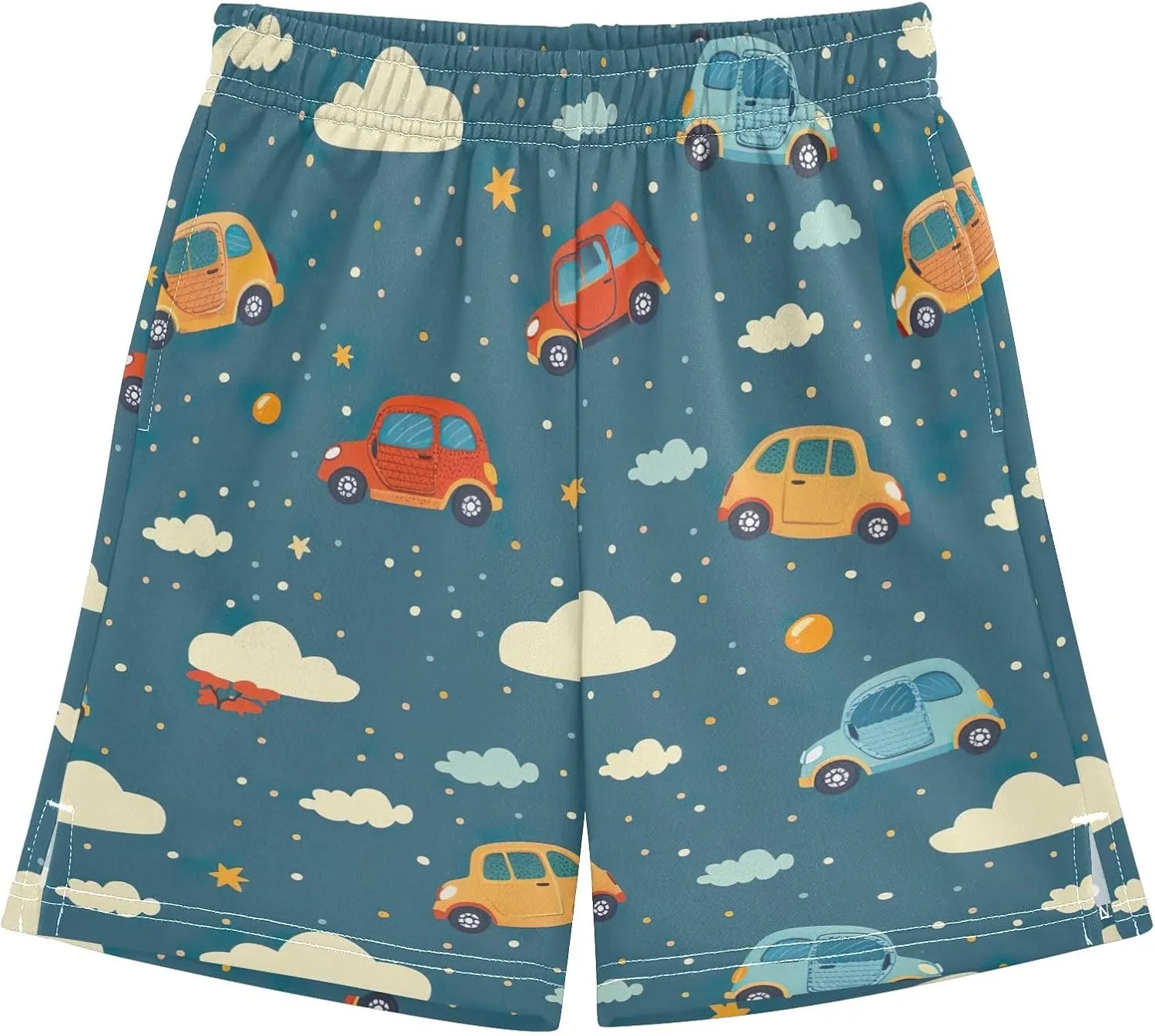 Colorful Cartoon Cars and Clouds Boys Shorts Athletic Lounge Shorts Elastic Waist with Pockets Homewear 7-15Y