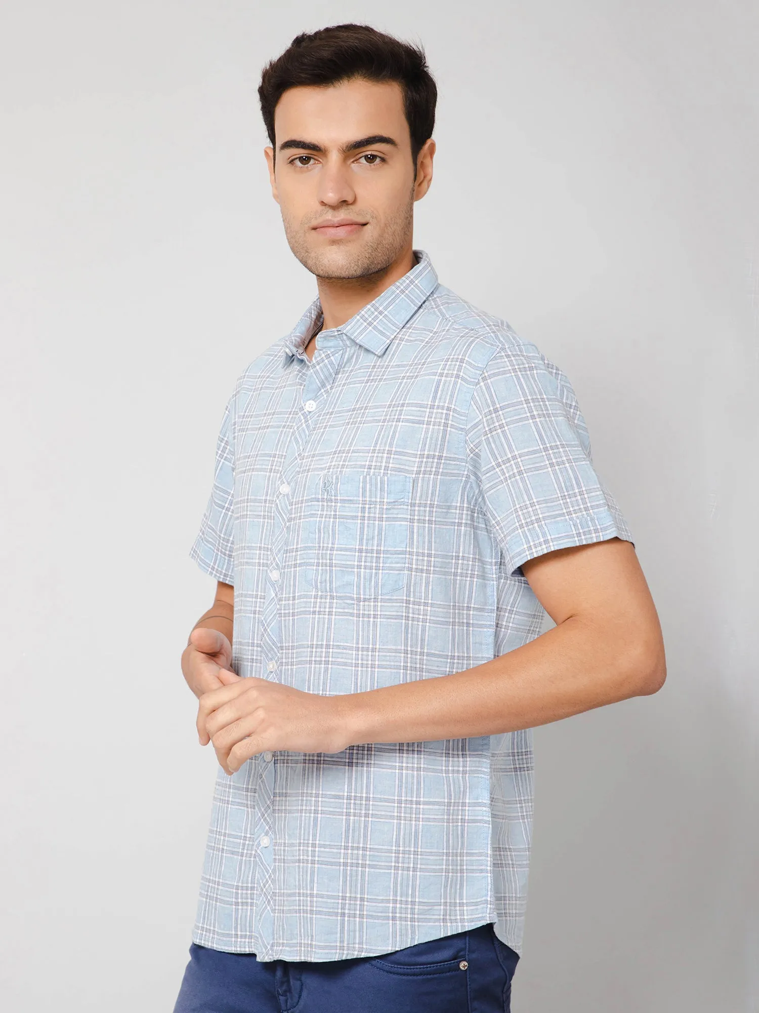 Cotton Blend Checkered Sky Blue Half Sleeve Regular Fit Casual Shirt for Men with Pocket