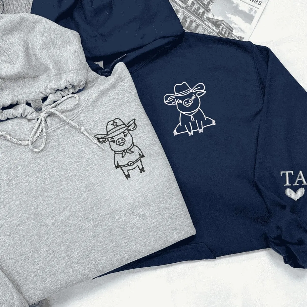 Cowboy and Sheriff Pig Couple Sweatshirts - Custom Embroidered Matching Couple Hoodies