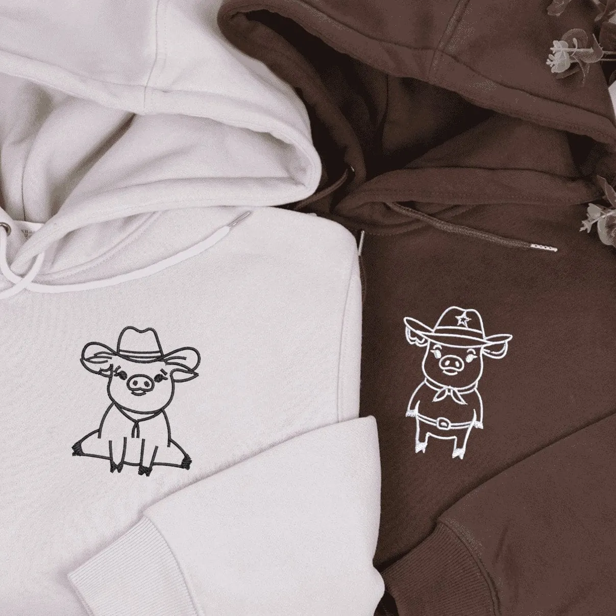 Cowboy and Sheriff Pig Couple Sweatshirts - Custom Embroidered Matching Couple Hoodies