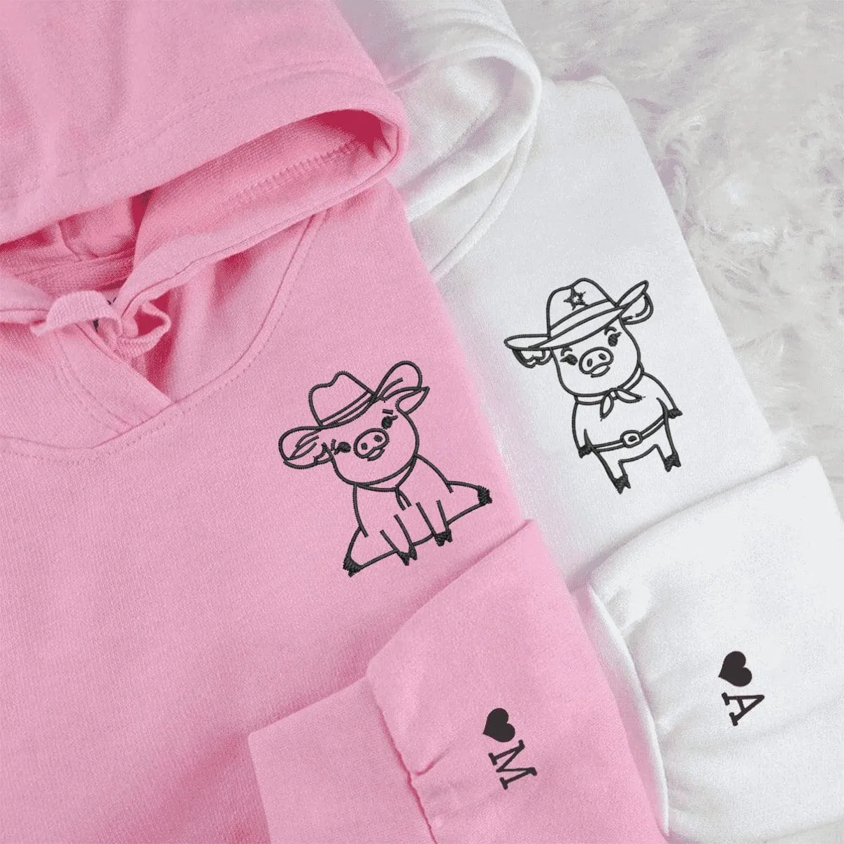 Cowboy and Sheriff Pig Couple Sweatshirts - Custom Embroidered Matching Couple Hoodies