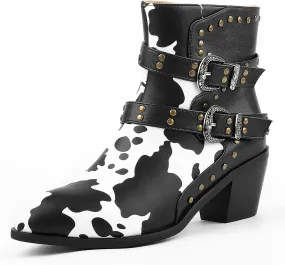 Cozivwaiy Cow Print Boots for Women Studded Riding Boots Ankle High Buckle Biker Boots Chunky Heel Motor Boots Zip