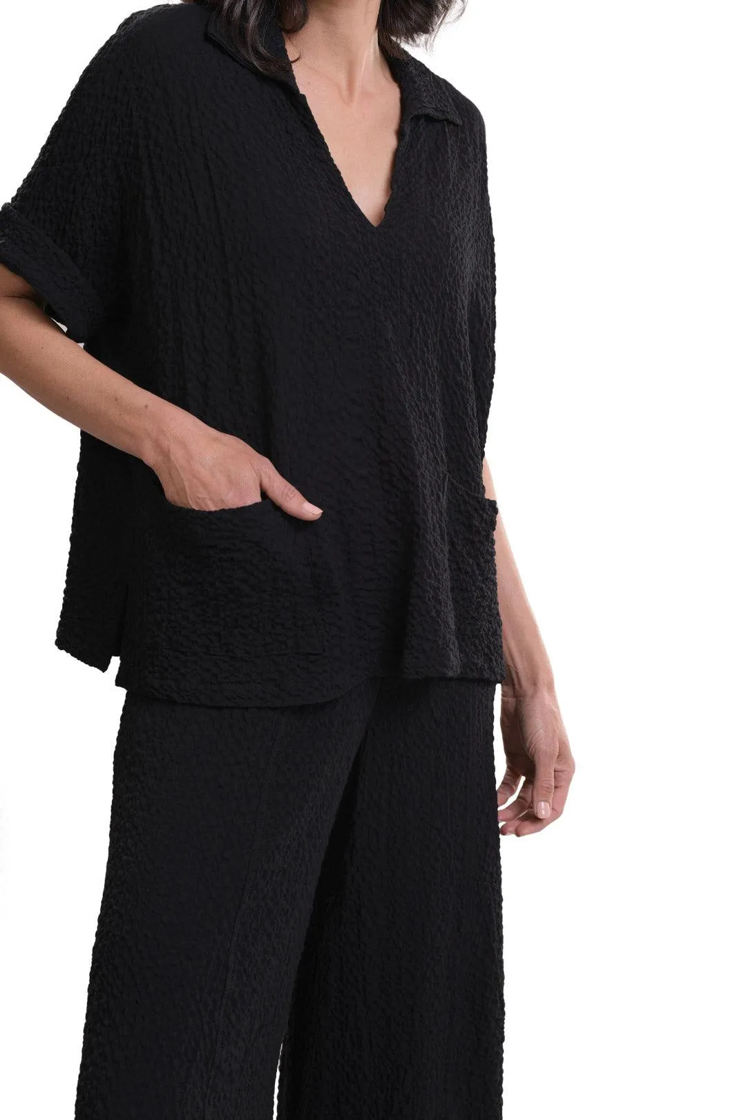 Crepe Polo Top, Black