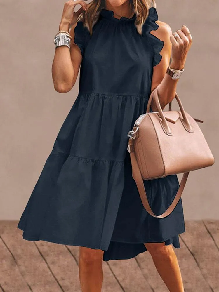 deanwangkt Women Solid Color Ruffles Trim Sleeveless Simple Midi Dresses