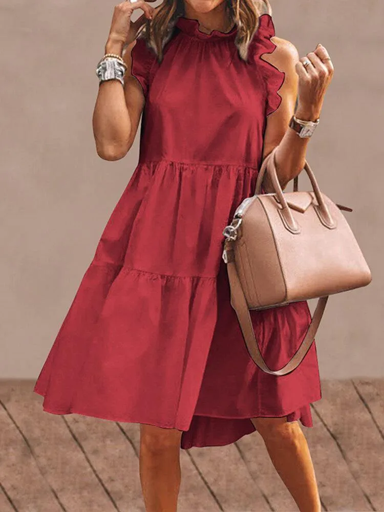 deanwangkt Women Solid Color Ruffles Trim Sleeveless Simple Midi Dresses