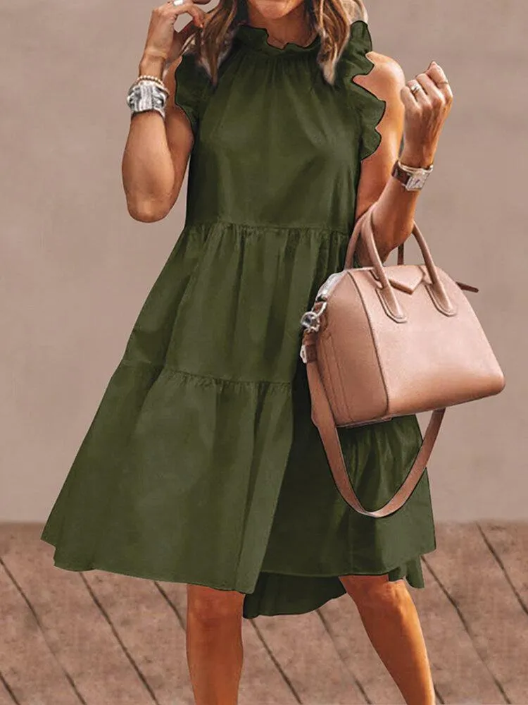 deanwangkt Women Solid Color Ruffles Trim Sleeveless Simple Midi Dresses